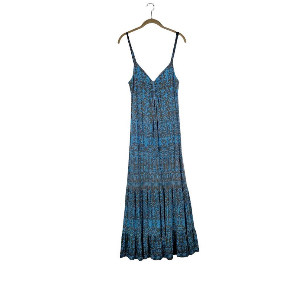 Sundance Jersey Knit Tiered Maxi Dress Brown Blue Floral Festival Size Large